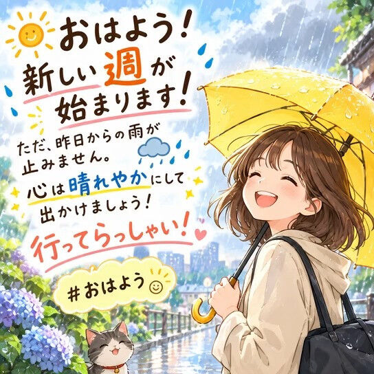 おはよう！新しい週が始まります！ただ、昨日からの雨が止みませ