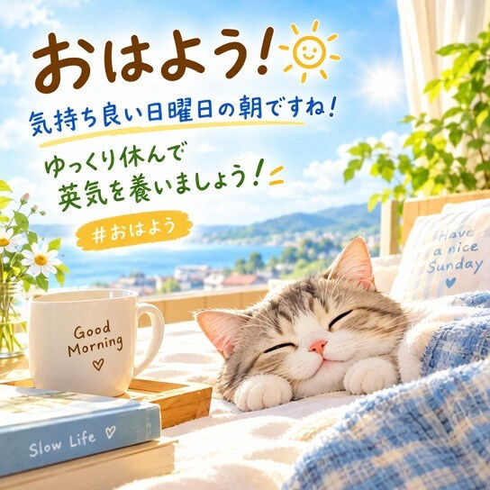 おはよう！気持ち良い日曜日の朝ですね！ゆっくり休んで英気を養